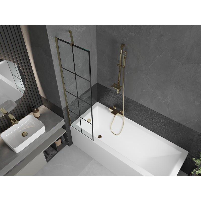 Mexen Next pregrada za kadu s jednim krilom 50 x 150 cm, crna rešetka, zlatna - 895-050-000-00-77-50