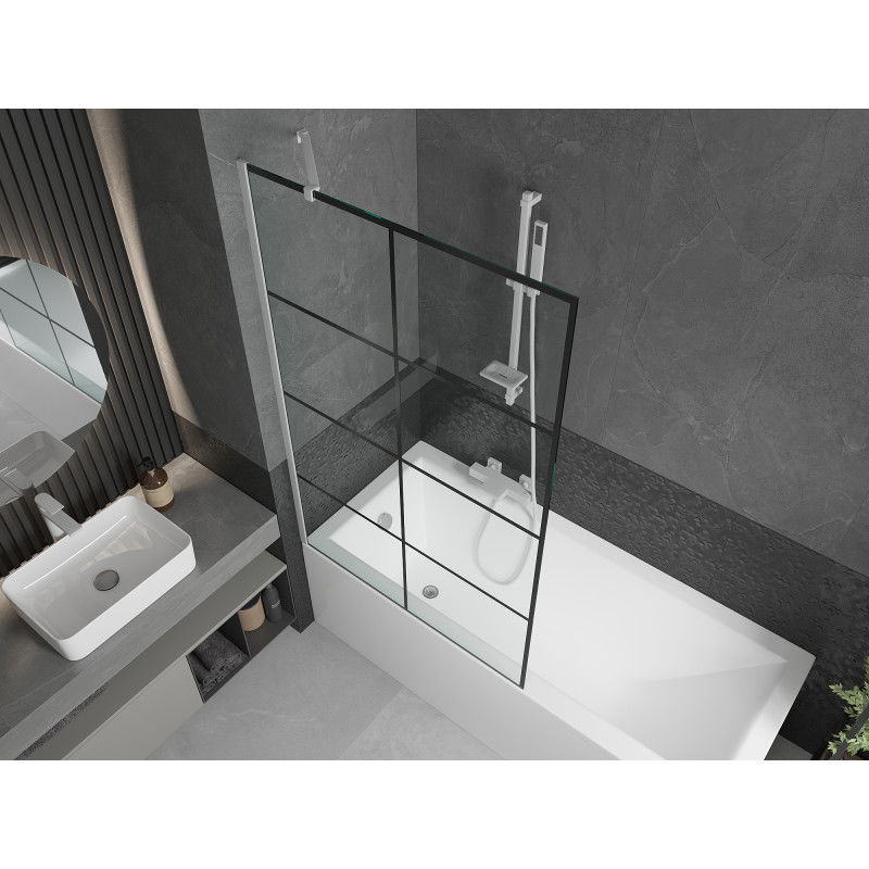 Mexen Next paravento da vasca da bagno a 1 anta 100 x 150 cm, griglia nera, bianco - 895-100-000-00-77-20