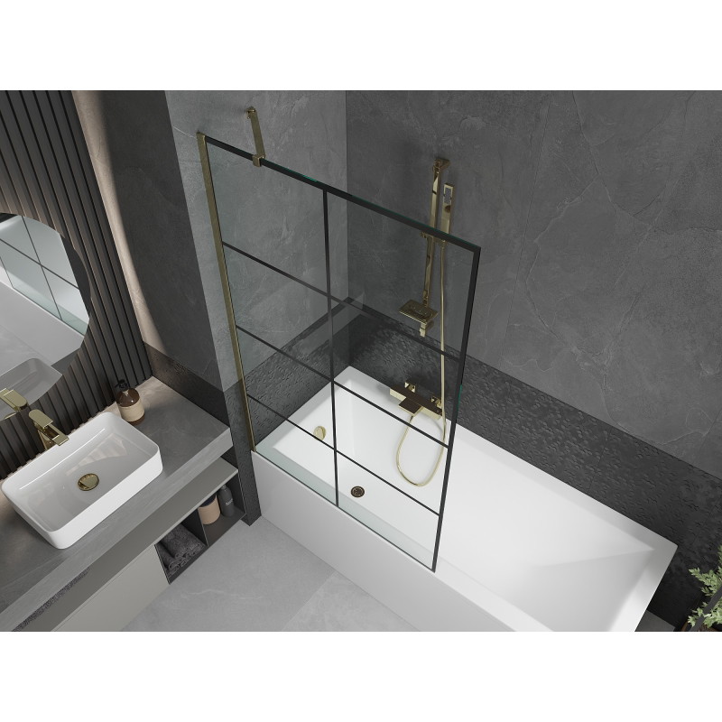 Mexen Next 1-osaline vannisein 100 x 150 cm, must ruudustik, kuldne - 895-100-000-00-77-50