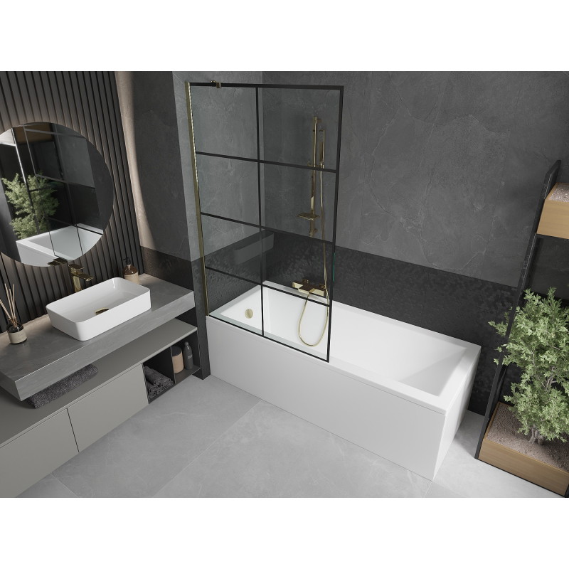 Mexen Next 1-osaline vannisein 100 x 150 cm, must ruudustik, kuldne - 895-100-000-00-77-50