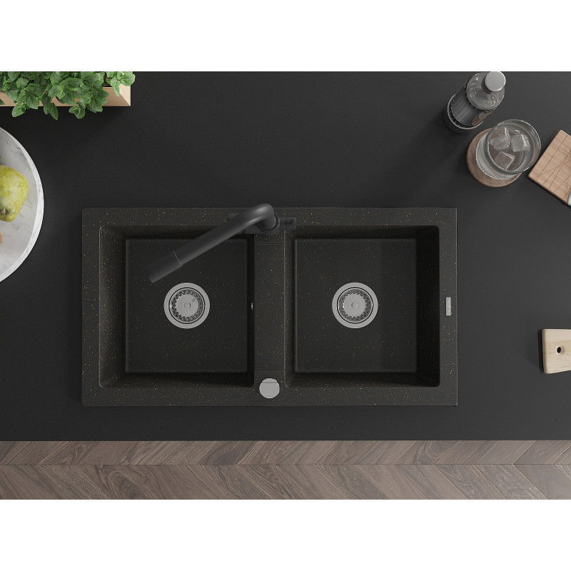 Mexen Mario granieten gootsteen met 2 kamers en keukenkraan Duero, zwart/goud metallic - 6504-75-671600-70