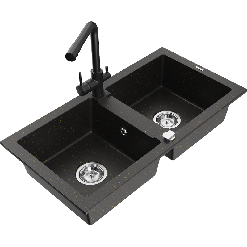 Mexen Mario fregadero de granito de 2 compartimentos con grifo de cocina Duero, negro/dorado metálico - 6504-75-671600-70