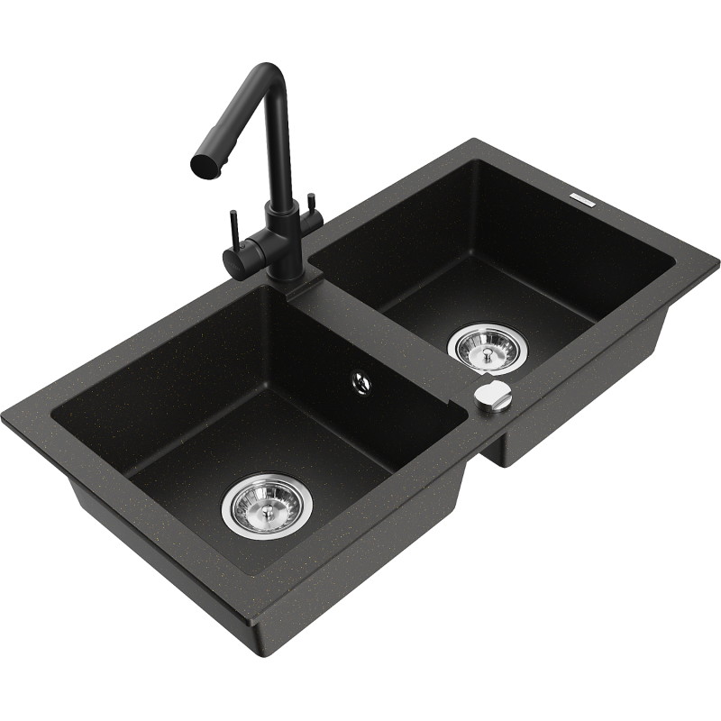 Mexen Mario fregadero de granito de 2 compartimentos con grifo de cocina Duero, negro/oro metálico - 6504-75-671600-70