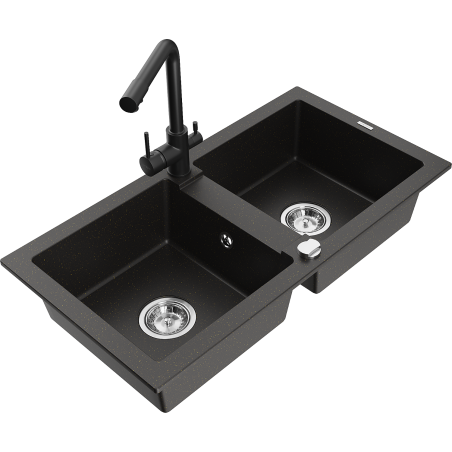 Mexen Mario 2-kamer granieten gootsteen met keukenkranen Duero, zwart/goud metallic - 6504-75-671600-70