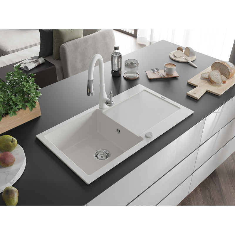 Mexen Leo Granitspüle mit 1 Becken, Abtropffläche und Küchenarmatur Savita, weiß - 6501-20-672601-20