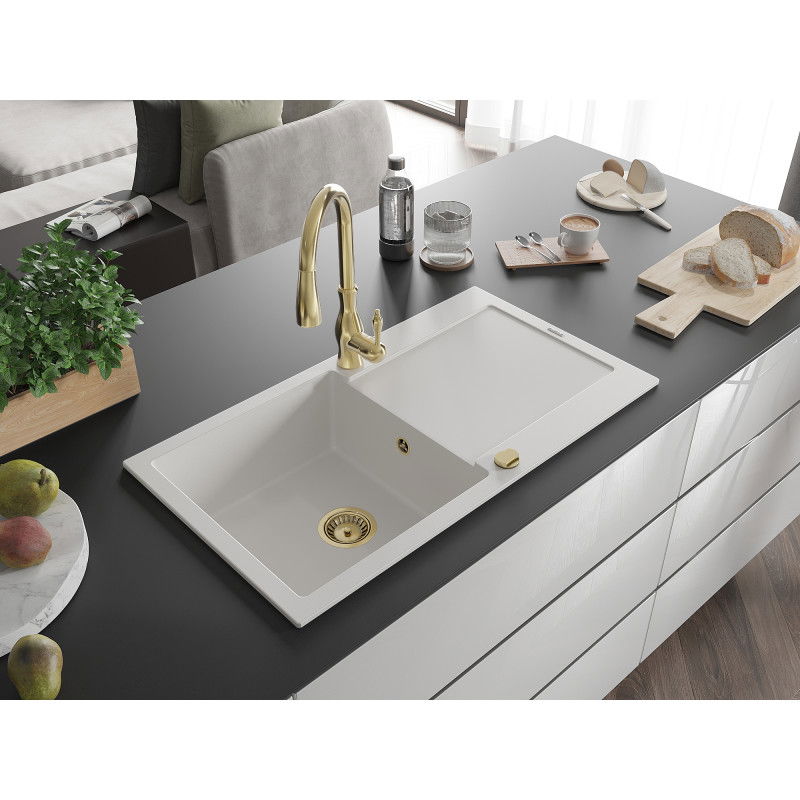 Mexen Leo granite sink 1-bowl with drainer and Savita kitchen tap, white - 6501-20-672601-50
