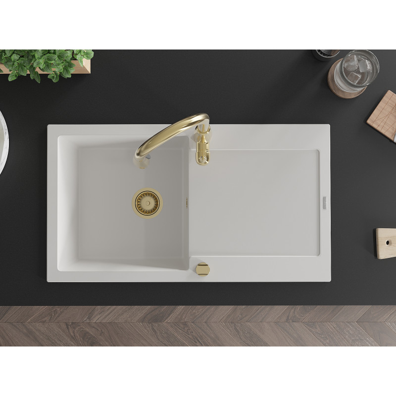 Mexen Leo fregadero de granito de 1 cubeta con escurridor y grifo de cocina Savita, blanco - 6501-20-672601-50