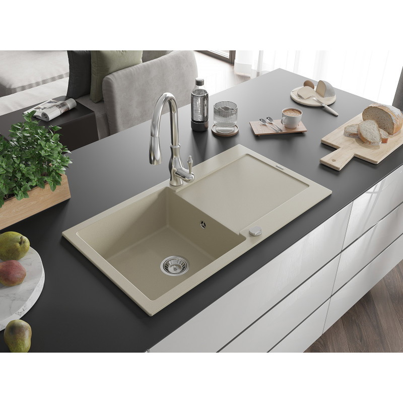 Mexen Leo 1-kamer spoelbak van graniet met afdruiprek en keukenkraan Savita, beige - 6501-69-672601-00