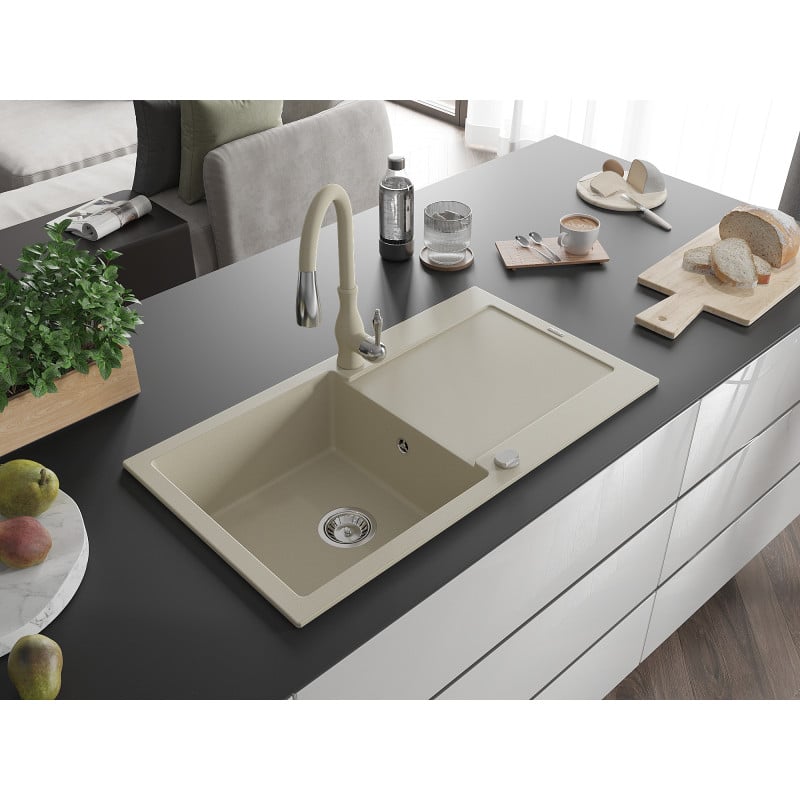 Mexen Leo fregadero de granito de 1 cámara con escurridor y grifo de cocina Savita, beige - 6501-69-672601-69