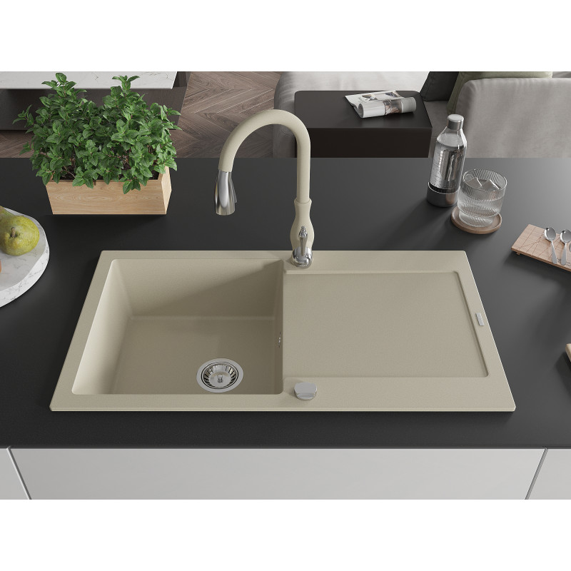 Mexen Leo fregadero de granito de 1 seno con escurridor y grifo de cocina Savita, beige - 6501-69-672601-69