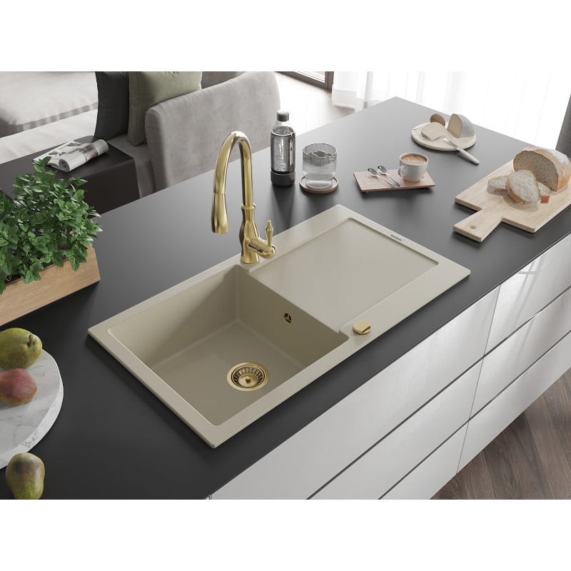 Mexen Leo fregadero de granito de 1 cubeta con escurridor y grifo de cocina Savita, beige - 6501-69-672601-50