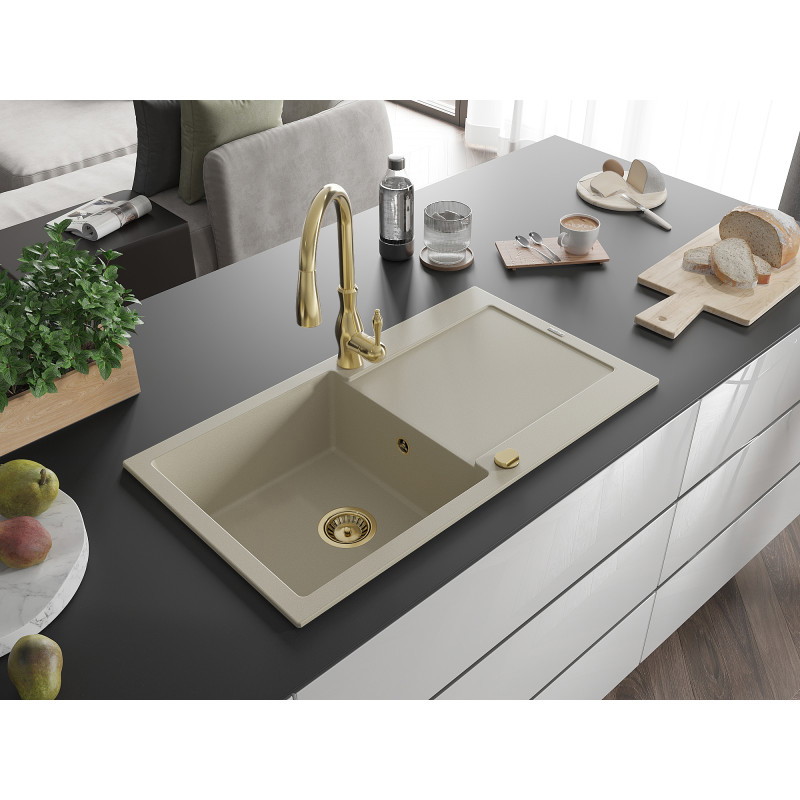 Mexen Leo fregadero de granito de 1 seno con escurridor y grifo de cocina Savita, beige - 6501-69-672601-50
