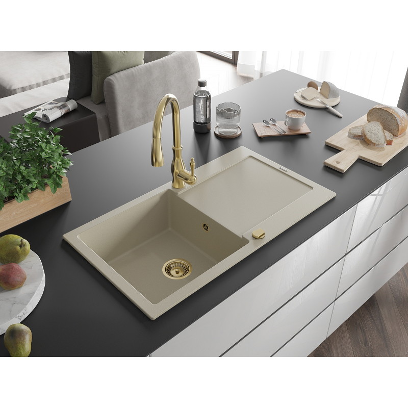 Mexen Leo granitische spoelbak 1-baks met afdruiprek en keukenmengkraan Savita, beige - 6501-69-672601-50