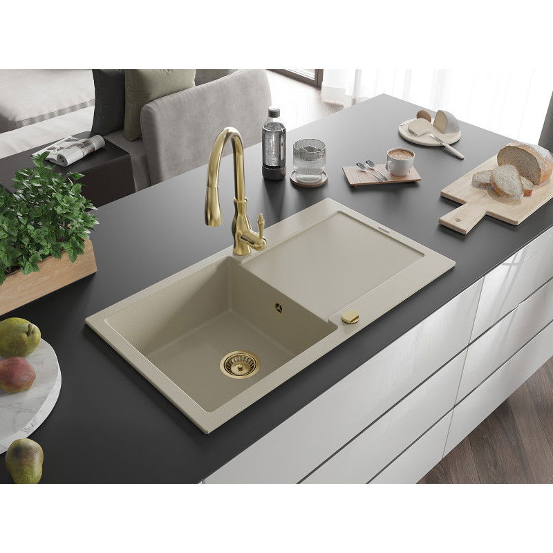 Mexen Leo lavello da cucina in granito a 1 vasca con scolapiatti e rubinetto da cucina Savita, beige - 6501-69-672601-50