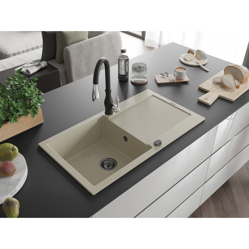 Mexen Leo Granitspüle mit 1 Becken, Abtropffläche und Küchenarmatur Savita, beige - 6501-69-672601-70