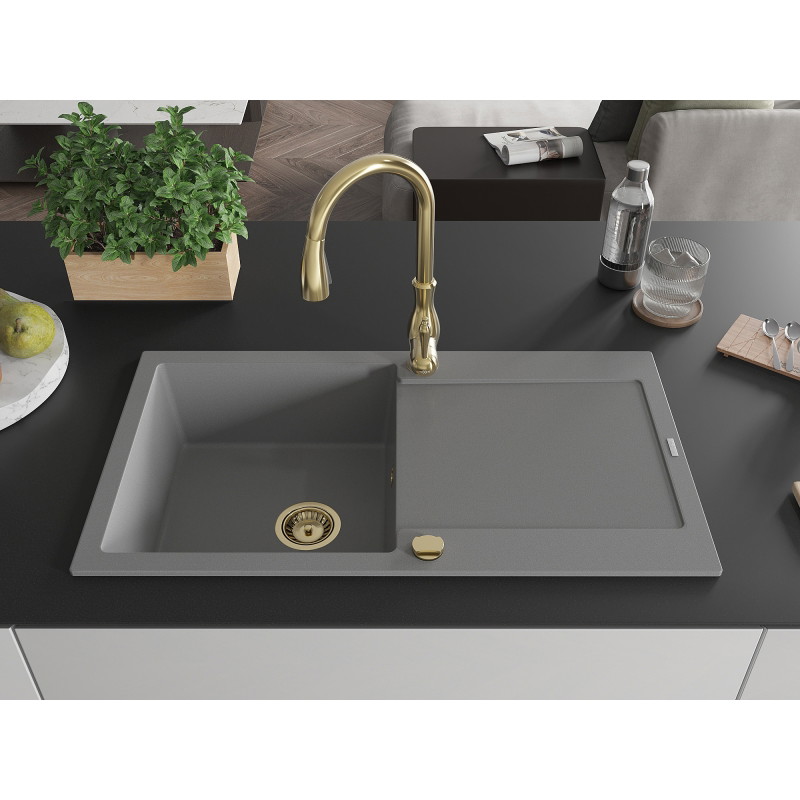 Mexen Leo fregadero de granito de 1 seno con escurridor y grifo de cocina Savita, gris - 6501-71-672601-50