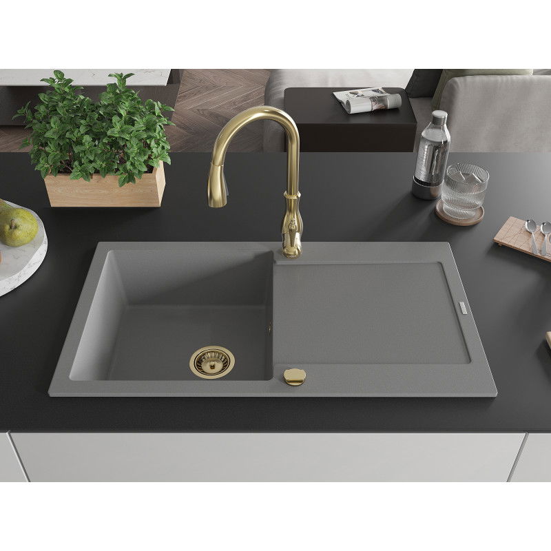 Mexen Leo granite sink 1-bowl with drainer and Savita kitchen tap, grey - 6501-71-672601-50