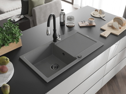 Mexen Leo fregadero de granito de 1 seno con escurridor y grifo de cocina Savita, gris - 6501-71-672601-70-B