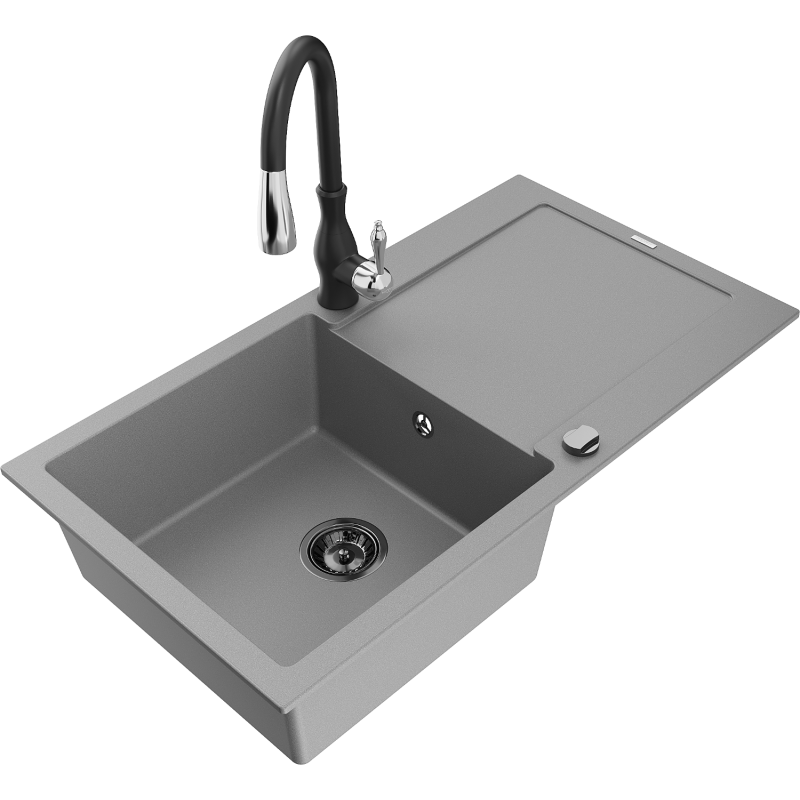 Mexen Leo lava-loiça em granito com 1 cuba, escorredor e torneira de cozinha Savita, cinza - 6501-71-672601-70-B