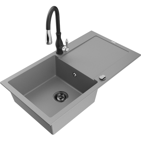Mexen Leo fregadero de granito de 1 seno con escurridor y grifo de cocina Savita, gris - 6501-71-672601-70-B