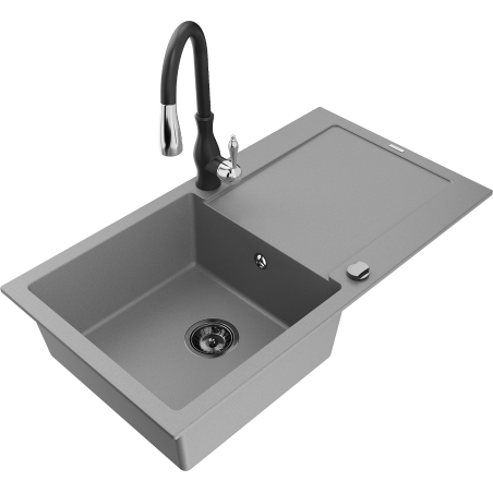 Mexen Leo granieten gootsteen met 1 bak en afdruiprek en Savita keukenmengkraan, grijs - 6501-71-672601-70-B