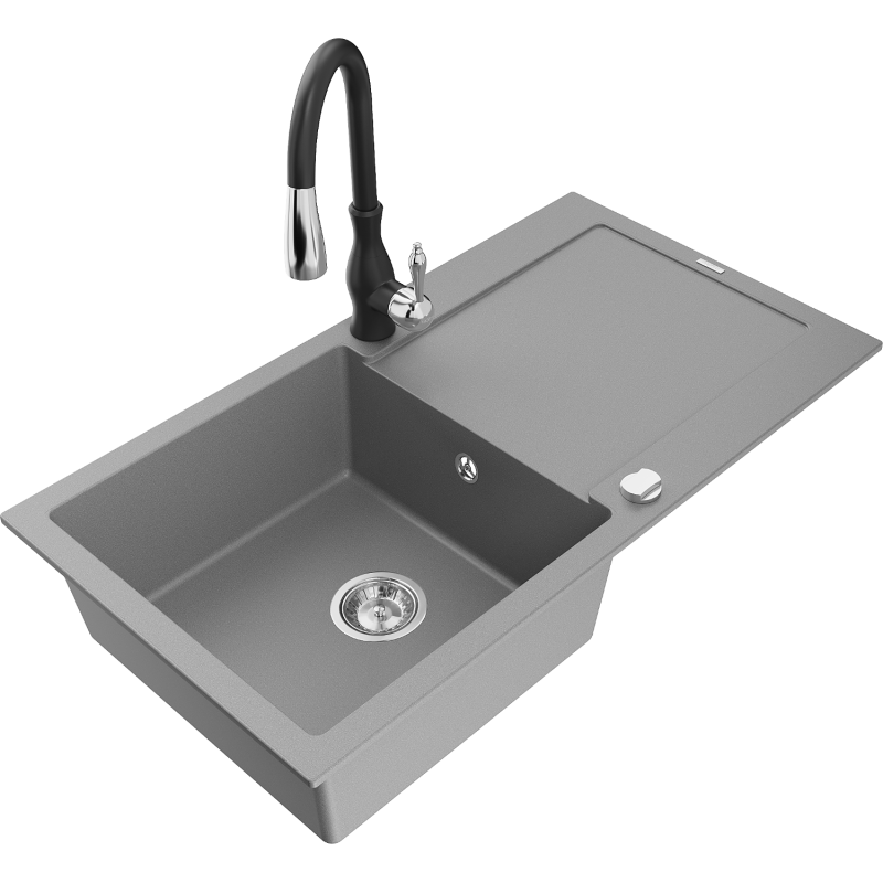 Mexen Leo granīta izlietne ar vienu nodalījumu ar notecētavu un virtuves krānu Savita, pelēka - 6501-71-672601-70