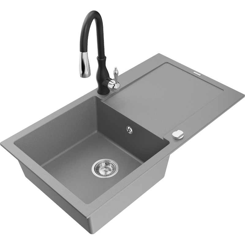 Mexen Leo Granite Single-Bowl Kitchen Sink with Drainer and Savita Tap, Grey - 6501-71-672601-70