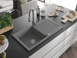 Mexen Leo granite sink 1-bowl with drainer and Savita kitchen tap, grey - 6501-71-672601-71