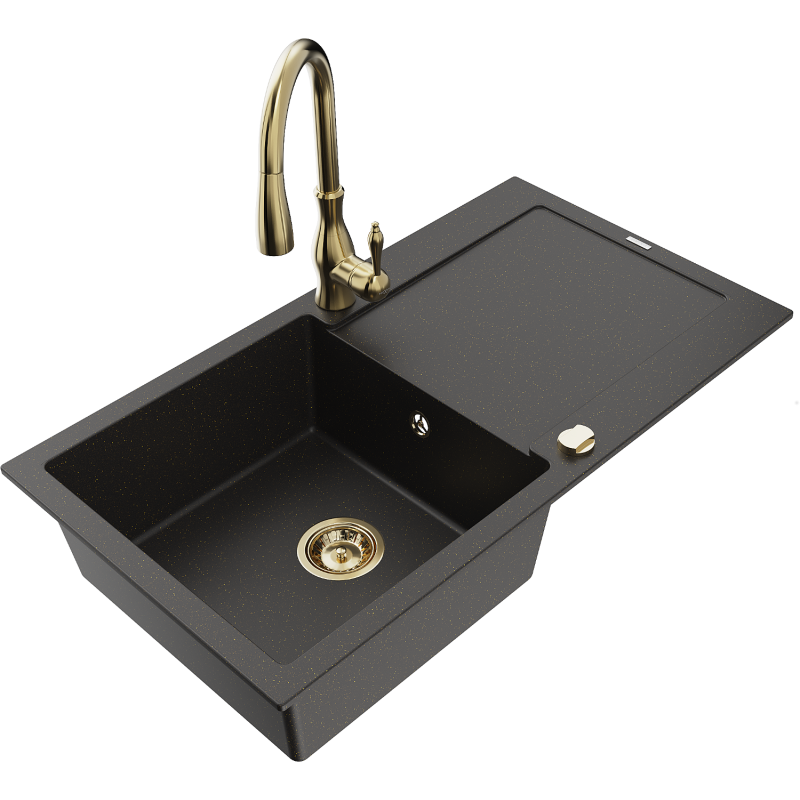 Mexen Leo granitische spoelbak met 1 bak en afdruiprek en keukenkraan Savita, zwart/goude metallic - 6501-75-672601-50