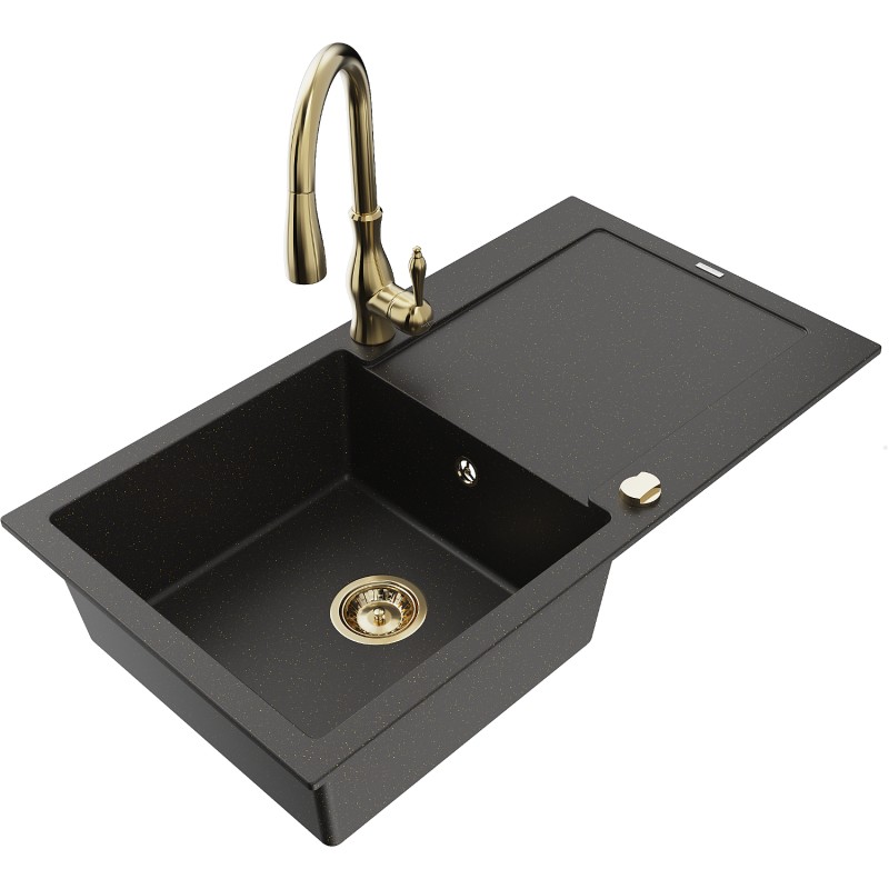 Mexen Leo lava-louça em granito de 1 cuba com escorredor e torneira de cozinha Savita, preto/dourado metálico