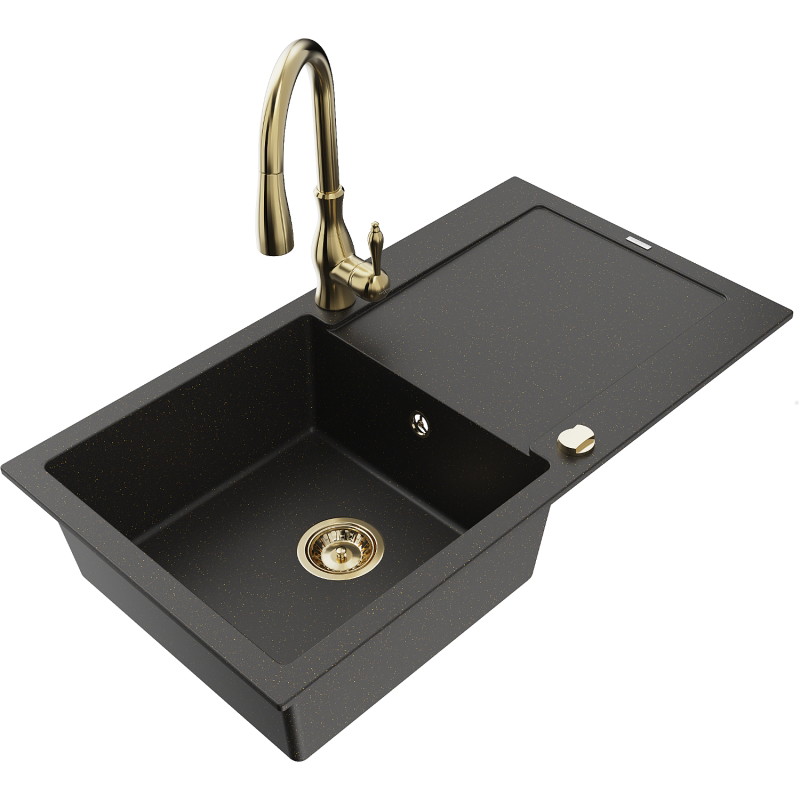 Mexen Leo lavello in granito 1-vasca con gocciolatoio e rubinetto cucina Savita, nero/oro metallizzato - 6501-75-672601-50