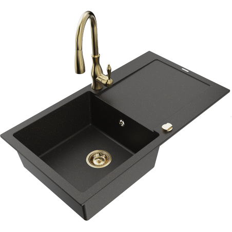 Mexen Leo lavello in granito 1-vasca con sgocciolatoio e rubinetto da cucina Savita, nero/oro metallizzato - 6501-75-672601-50