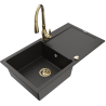 Mexen Leo 1-Bowl Granite Sink with Drainer and Kitchen Faucet Savita, Black/Gold Metallic - 6501-75-672601-50