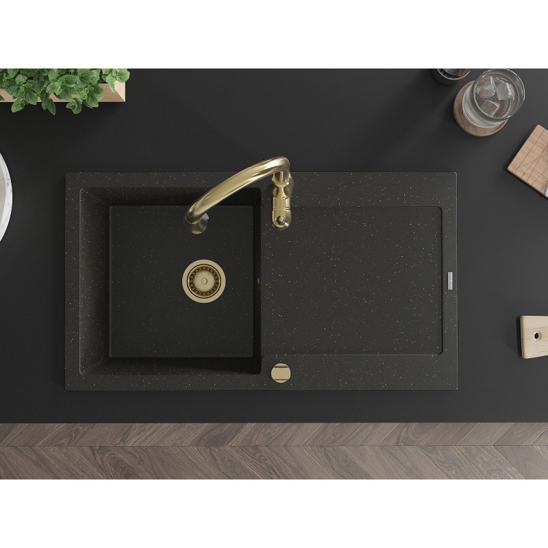 Mexen Leo Einzelbecken Granitspüle mit Abtropffläche und Küchenarmatur Savita, schwarz/golden metallic - 6501-75-672601-50