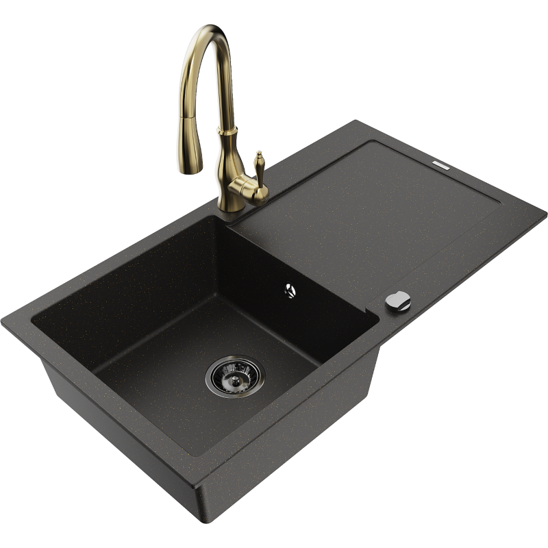 Mexen Leo fregadero de granito de 1 cubeta con escurridor y grifo de cocina Savita, negro/oro metálico - 6501-75-672601-50-B