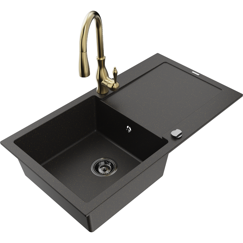 Mexen Leo fregadero de granito de 1 seno con escurridor y grifo de cocina Savita, negro/dorado metálico - 6501-75-672601-50-B