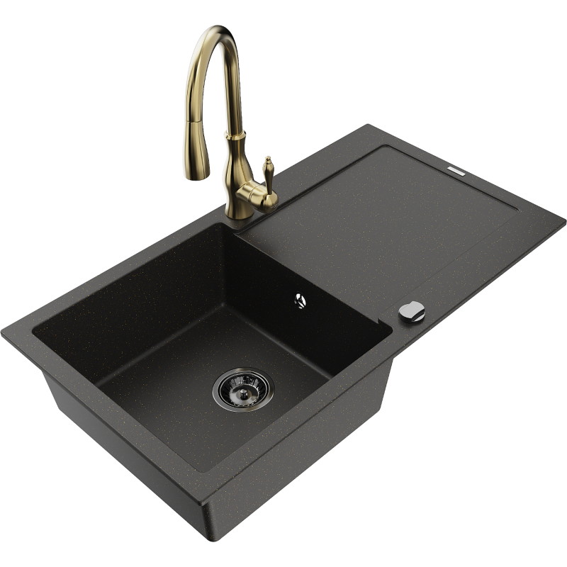 Mexen Leo Granitspüle 1-Kammer mit Abtropffläche und Küchenarmatur Savita, schwarz/gold metallic - 6501-75-672601-50-B