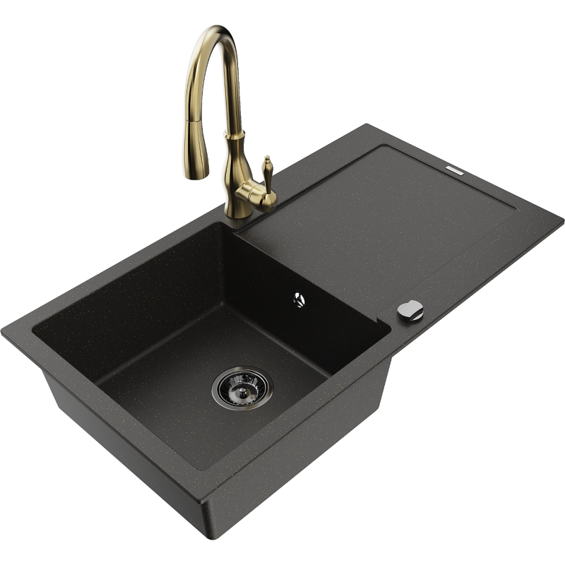 Mexen Leo lava-loiça de granito de 1 cuba com escorredor e torneira de cozinha Savita, preto/dourado metálico