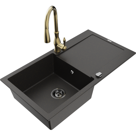 Mexen Leo granitizlietne ar vienu nodalījumu un notektekni ar virtuves jaucējkrānu Savita, melns/zeltains metālisks