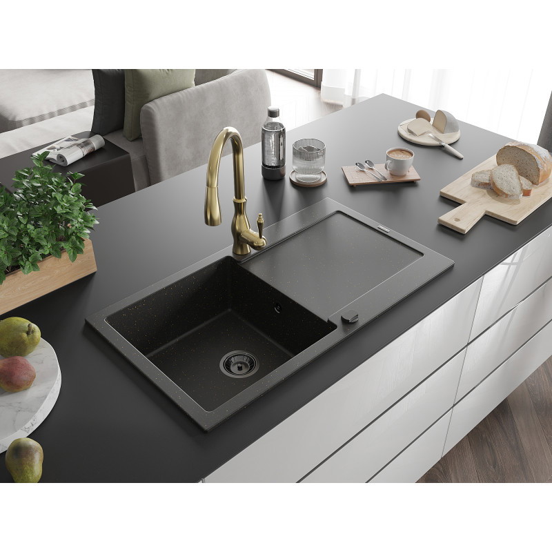 Mexen Leo granieten spoelbak 1-komorige met afdruiprek en keukenmengkraan Savita, zwart/gouden metallic - 6501-75-672601-50-B