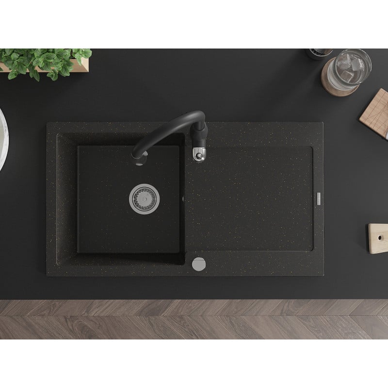 Mexen Leo granitdiskbänk med en ho och avrinning samt köksblandare Savita, svart/guldig metallik - 6501-75-672601-70