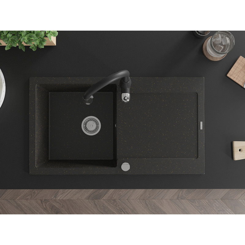 Mexen Leo granite sink 1-bowl with drainer and Savita kitchen tap, black/gold metallic - 6501-75-672601-70