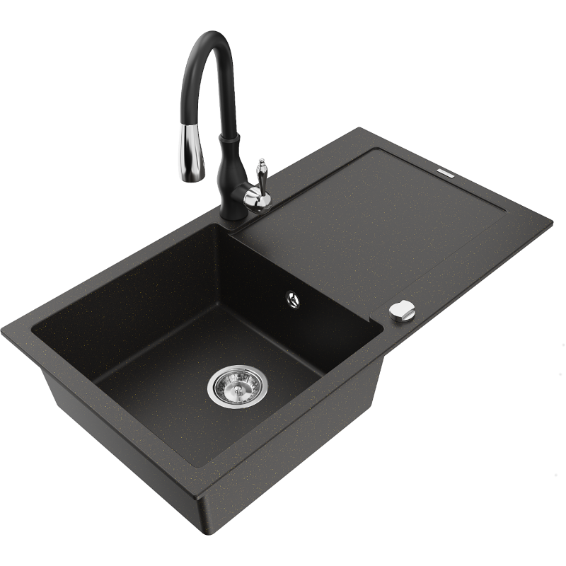 Mexen Leo granite sink 1-bowl with drainer and Savita kitchen tap, black/gold metallic - 6501-75-672601-70