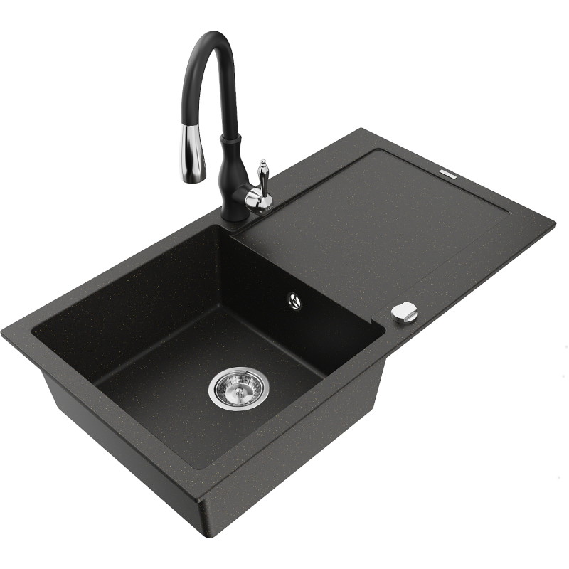 Mexen Leo granitische gootsteen 1-bak met afdruiprek en keukenkraan Savita, zwart/goud metallic - 6501-75-672601-70