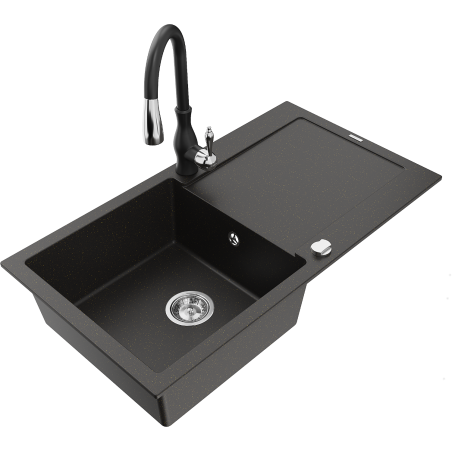 Mexen Leo fregadero de granito de 1 seno con escurridor y grifo de cocina Savita, negro/dorado metálico - 6501-75-672601-70
