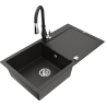 Mexen Leo granite sink 1-bowl with drainer and Savita kitchen tap, black/gold metallic - 6501-75-672601-70