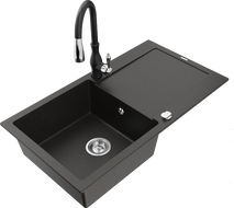 Mexen Leo fregadero de granito de 1 seno con escurridor y grifo de cocina Savita, negro/dorado metálico - 6501-75-672601-70