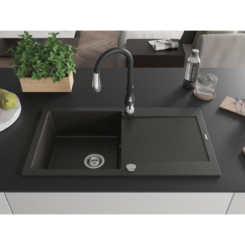 Mexen Leo granite sink 1-bowl with drainer and Savita kitchen tap, black/gold metallic - 6501-75-672601-70