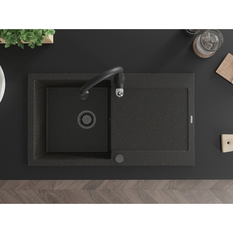 Mexen Leo granit gootsteen 1-kompartment met afdruiprek en keuken kraan Savita, zwart/goud metallic - 6501-75-672601-70-B