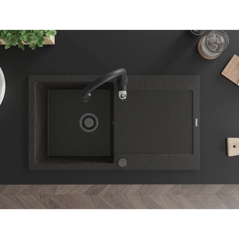 Mexen Leo lava-louça granítico de 1 bacia com escorredor e torneira de cozinha Savita, preto/dourado metálico